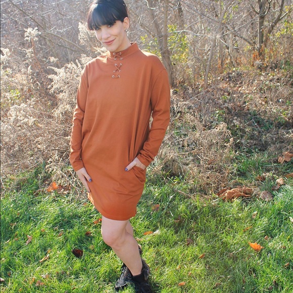 Very J Boutique Rust Shift Dress with Laced Neck - Picture 7 of 8